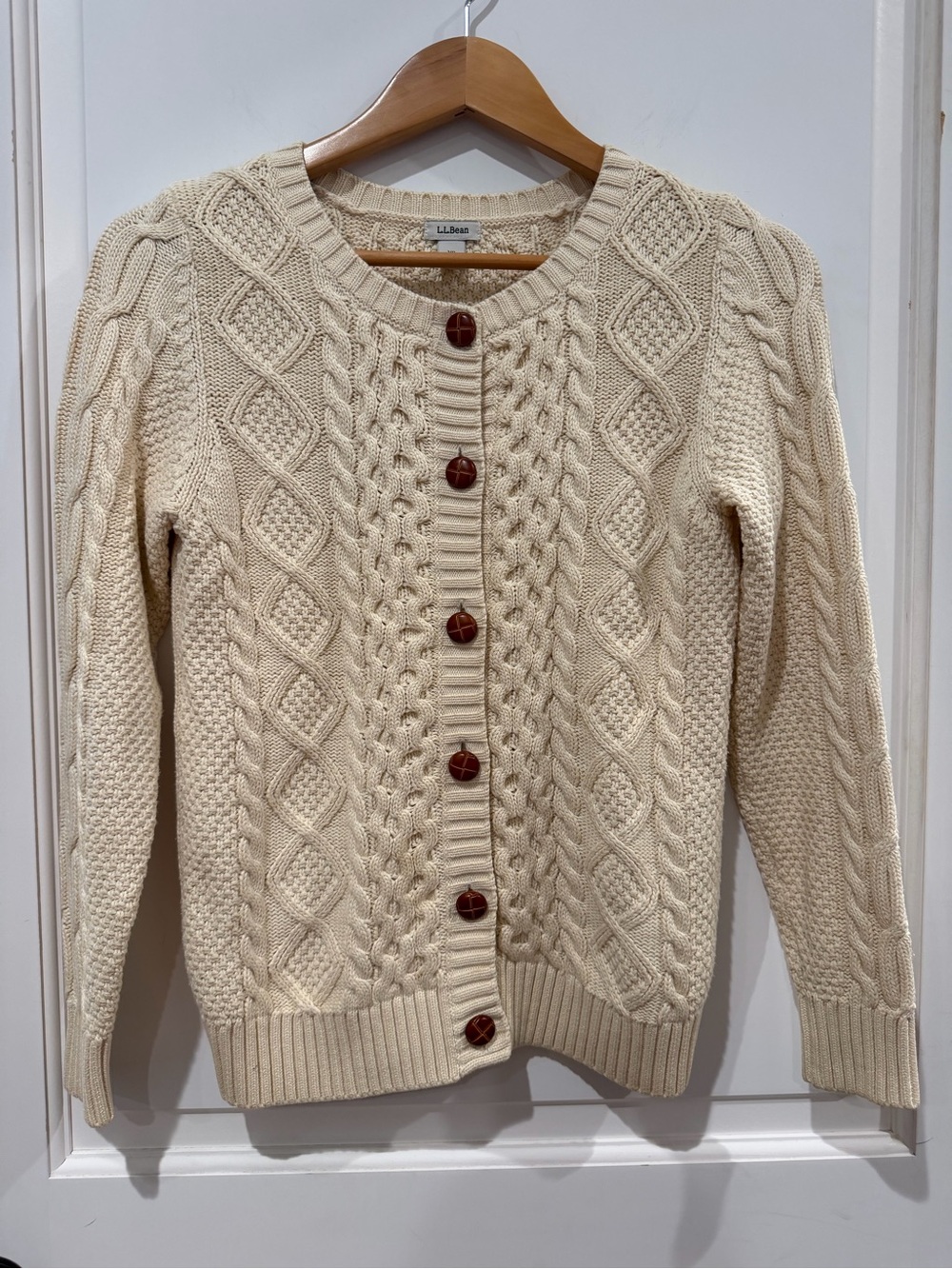L.L. Bean Heritage Cotton Fisherman Cable Knit Cardigan Sweater Cream XS